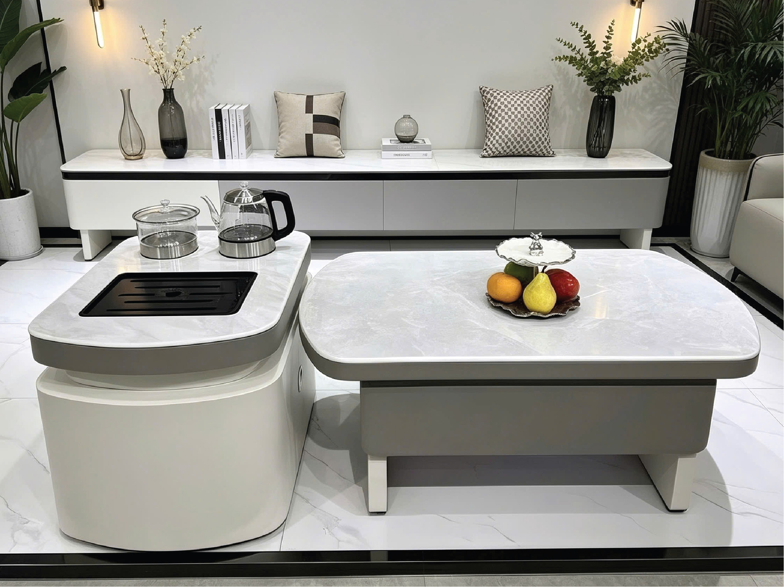 Bàn Trà Đôi Mặt Kính 3D Vân Đá Kèm Bàn Phụ Hiện Đại – Mã 137 6 189 03